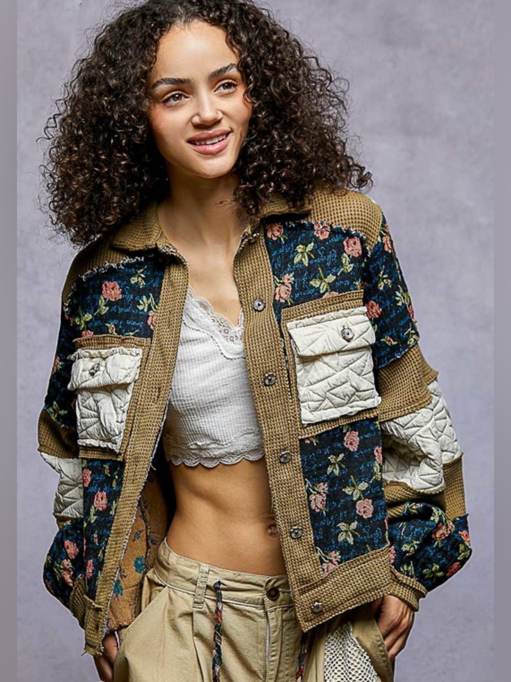 NEW POL Indigo Quilted Floral Patchwork Jacket Boho Shacket Oversized Size Large